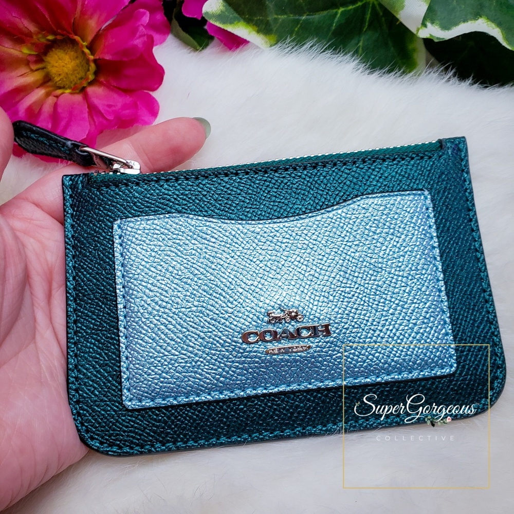 COACH Zip Top Card Case Metallic Emerald